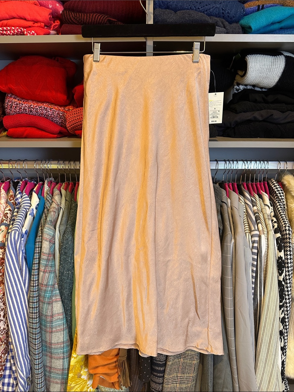 A New Day tan satiny elastic waistband midi skirt size S NWT